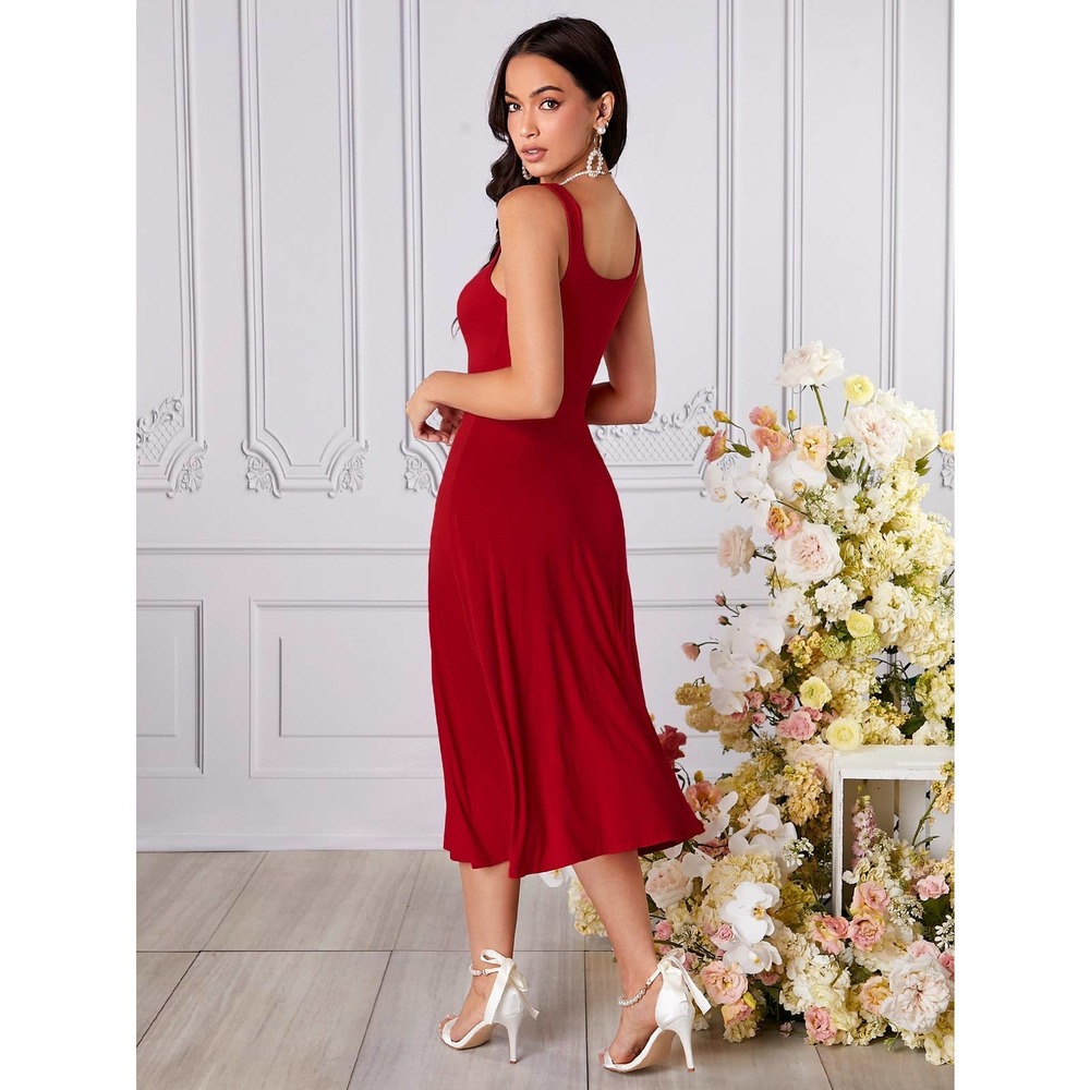 Square neck Sleeveless High Waist A line Dress black - Picture 5 of 8
